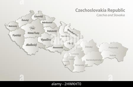 Tschechien und Slowakei Karte, Tschechoslowakei Republik, einzelne Regionen und Hauptstadt mit Namen, administrative Teilung, Kartenpapier 3D natürliche vect Stock Vektor