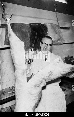 Teesside Butchers, 53 Jahre Metzger, um 1972. Stockfoto