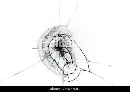 Risse auf gebrochenem Glas, Textur auf Weiß. Stockfoto