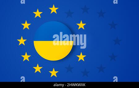 Kombinierte Kreissymbole der Ukraine und Flagge Europas mit kreativen abstrakten Sternen 3D-Illustration Stockfoto