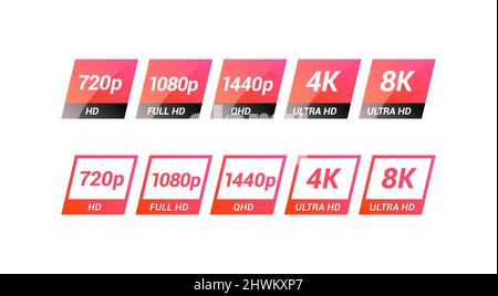 High Definition-, Full HD-, Quad HD 4K- und 8K-Monitor-Beschriftungssatz Stock Vektor