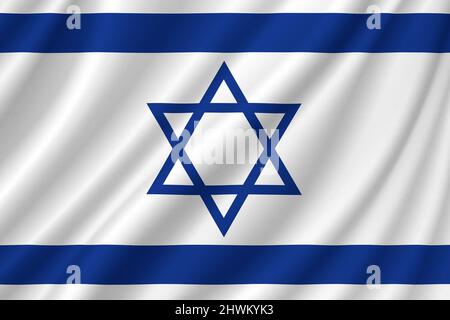 Israel. Illustration der Flagge Israels mit Wellen. Horizontales Design. Abbildung. Karte. Stockfoto