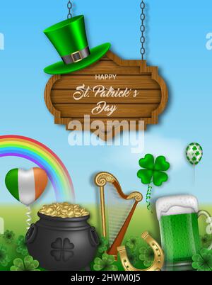 St. patricks Day Poster. St. patrick's Day Hintergrund mit irischen Elementen und hölzernen Schild Stock Vektor