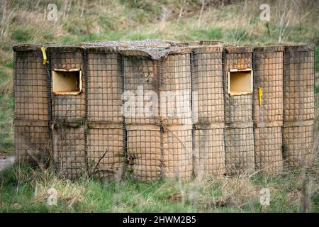 Britischer Soldat trainiert befestigtes Gebäude, Pillenbox Stockfoto