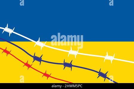 Stacheldraht in den Farben der russischen Flagge auf dem Hintergrund der Nationalflagge der Ukraine. Das Konzept der Besatzung. Flache Vektorgrafik. Stock Vektor