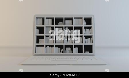 Bibliothek auf dem Computerbildschirm Konzept sauber weiß, grauer Hintergrund 3D Rendering Stockfoto