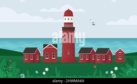 Leuchtturm an der Küste. Kleine alte Gebäude und Leuchtturm am Meer der Insel. Küstenlandschaft mit Leuchtfeuer. Vektorgrafik im flachen Stil Stock Vektor