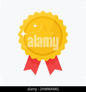 Gold-Abzeichen mit Symbol für Bänder. Glänzendes Metall-Belohnungssymbol. Flache Vektorgrafik isoliert auf weißem Hintergrund Stock Vektor