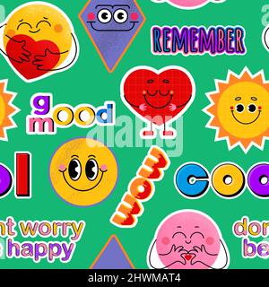 Nahtloses Muster mit verschiedenen Emojis, Pins, Stempeln, Stickern. Verschiedene Sätze und Wörter. Handgezeichnete trendige lustige Vektor-Illustrationen Stock Vektor