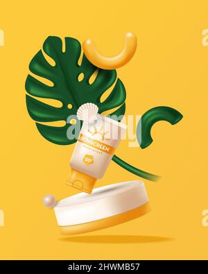 Sommer-Kosmetik-Produkt auf dem Podium, Monstera Blatt, Schale. Vektor 3D realistische Illustration Stock Vektor