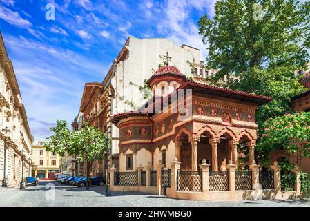 Bukarest, Rumänien - Stavropoleos Kirche, alter Brancoveanu Stil, rumänisches Erbe. Stockfoto