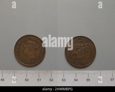 1 Cent von Birmingham mit Victoria, Königin von Großbritannien. Thema: Victoria, Queen of Great Britain, British, 1819–1901, Regled 1837–1901 Münzstätte: Birmingham Mint, England Künstler: Leonard Charles Wyon, British, 1826–1891 Stockfoto