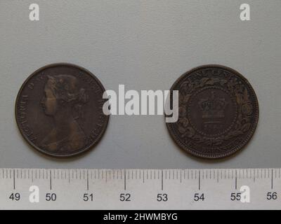 1 Cent mit Victoria, Königin von Großbritannien. Subject: Victoria, Queen of Great Britain, British, 1819–1901, regierte 1837–1901 Künstler: Leonard Charles Wyon, British, 1826–1891 Künstler: Charles F. Hill, Active ca. 1845 - 1850 Stockfoto