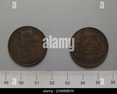 1 Cent mit Victoria, Königin von Großbritannien. Subject: Victoria, Queen of Great Britain, British, 1819–1901, regierte 1837–1901 Künstler: Leonard Charles Wyon, British, 1826–1891 Künstler: Charles F. Hill, Active ca. 1845 - 1850 Stockfoto