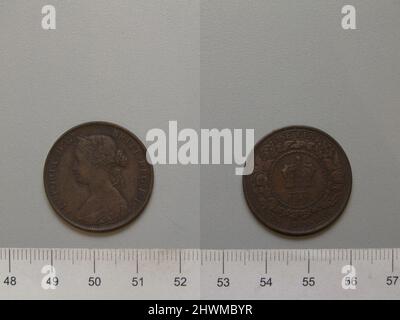 1 Cent mit Victoria, Königin von Großbritannien. Subject: Victoria, Queen of Great Britain, British, 1819–1901, regierte 1837–1901 Künstler: Leonard Charles Wyon, British, 1826–1891 Künstler: Charles F. Hill, Active ca. 1845 - 1850 Stockfoto