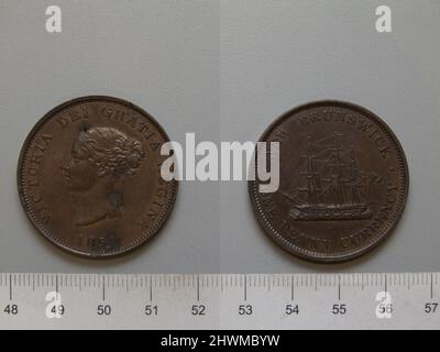1-Cent-Marke aus New Brunswick. Thema: Victoria, Queen of Great Britain, British, 1819–1901, Regled 1837–1901 Münzstätte: Birmingham Mint, England Mint: Royal Mint, London Künstler: Leonard Charles Wyon, British, 1826–1891 Stockfoto