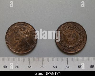 1 Cent mit Victoria, Königin von Großbritannien. Subject: Victoria, Queen of Great Britain, British, 1819–1901, regierte 1837–1901 Künstler: Leonard Charles Wyon, British, 1826–1891 Künstler: Charles F. Hill, Active ca. 1845 - 1850 Stockfoto