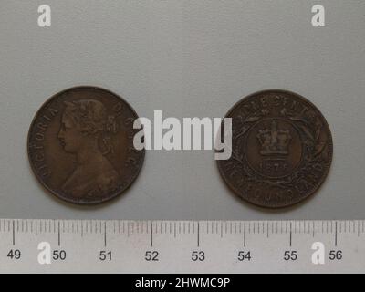 1 Cent von Heaton mit Victoria, Königin von Großbritannien. Subject: Victoria, Queen of Great Britain, British, 1819–1901, Regled 1837–1901 Mint: Birmingham Mint, England Künstler: Horace Morehen Künstler: Leonard Charles Wyon, British, 1826–1891 Stockfoto