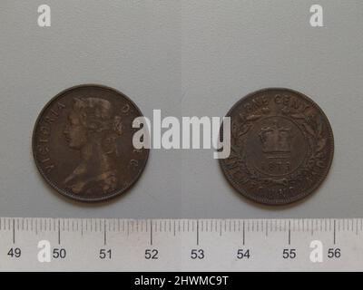 1 Cent mit Victoria, Königin von Großbritannien. Subject: Victoria, Queen of Great Britain, British, 1819–1901, ruled 1837–1901 Künstler: Horace Morehen Künstler: Leonard Charles Wyon, British, 1826–1891 Stockfoto