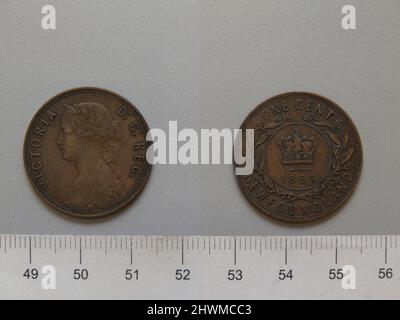 1 Cent mit Victoria, Königin von Großbritannien. Subject: Victoria, Queen of Great Britain, British, 1819–1901, ruled 1837–1901 Künstler: Horace Morehen Künstler: Leonard Charles Wyon, British, 1826–1891 Stockfoto