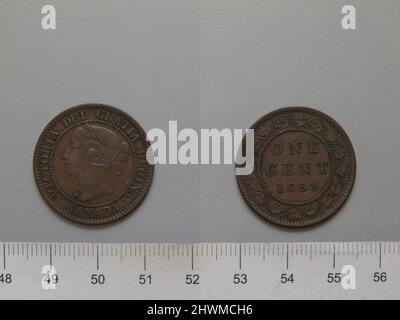 1 Cent aus London mit Victoria, Königin von Großbritannien. Thema: Victoria, Queen of Great Britain, British, 1819–1901, Regled 1837–1901 Münzstätte: LondonDesigner: Leonard Charles Wyon, British, 1826–1891 Stockfoto