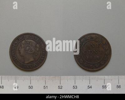 1 Cent aus London mit Victoria, Königin von Großbritannien. Thema: Victoria, Queen of Great Britain, British, 1819–1901, Regled 1837–1901 Münzstätte: LondonDesigner: Leonard Charles Wyon, British, 1826–1891 Stockfoto