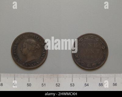 1 Cent aus London mit Victoria, Königin von Großbritannien. Thema: Victoria, Queen of Great Britain, British, 1819–1901, Regled 1837–1901 Münzstätte: LondonDesigner: Leonard Charles Wyon, British, 1826–1891 Stockfoto
