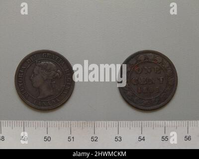 1 Cent aus London mit Victoria, Königin von Großbritannien. Thema: Victoria, Queen of Great Britain, British, 1819–1901, Regled 1837–1901 Münzstätte: LondonDesigner: Leonard Charles Wyon, British, 1826–1891 Stockfoto