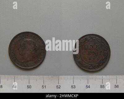 1 Cent aus London mit Victoria, Königin von Großbritannien. Thema: Victoria, Queen of Great Britain, British, 1819–1901, Regled 1837–1901 Münzstätte: LondonDesigner: Leonard Charles Wyon, British, 1826–1891 Stockfoto