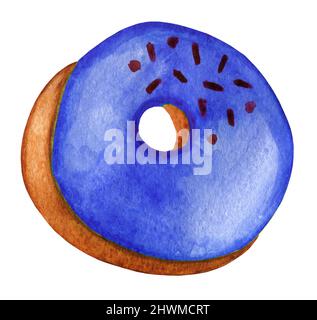 Ein rosiger, geschwollene Donut mit süßem blauem Zuckerguss und Streuseln. Aquarell Boho Food Illustration isoliert auf weiß. Design für Grußkarte, Stoff, t Stockfoto