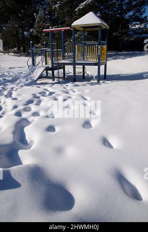 Panorama-Vertikalfoto der mit Schnee bedeckten Ausrüstung des Slide-Kids-Spielbereichs mit Fußabdrücken im öffentlichen Park.Vertikale Hintergrundfotos. Stockfoto