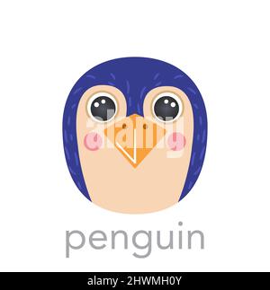 Pinguin nettes Porträt mit Name Text Lächeln Kopf Cartoon runde Form Tiergesicht, isolierte Vektor-Symbol Illustrationen auf weißem Hintergrund. Flach einfach für Kinder Poster, Karten, T-Shirts, Babykleidung Stock Vektor