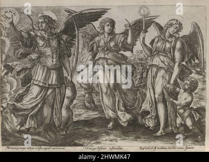 Die Engel Michael, Uriel und Raphael. Künstler, wahrscheinlich von: Gerard de Jode, Flämisch, 1509 oder 1517–1591 Stockfoto