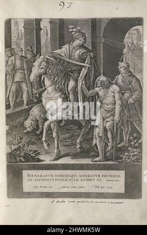 Der heilige Martin und der Bettler. Graveur: Adriaen Collaert, Flämisch, 1560–1618After: Stradanus (Jan van der Straet), Flämisch, 1523–1605Publisher: Philip Galle, Flämisch, 1537–1612 Stockfoto