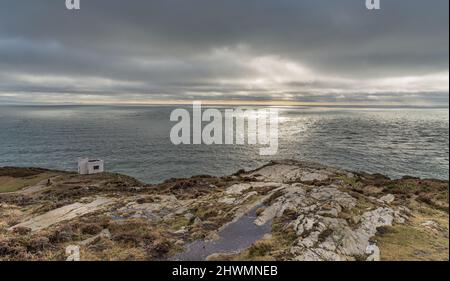 South Stack Lighthouse auf einer kleinen Insel vor der Nordwestküste von Holy Island, Anglesey, Wales, Großbritannien Stockfoto