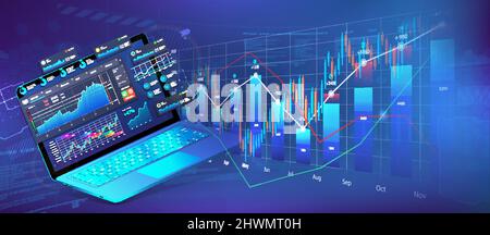 Positive Wachstumsdynamik, Tendenz steigend. Laptop mit Dashboard Stock Vektor