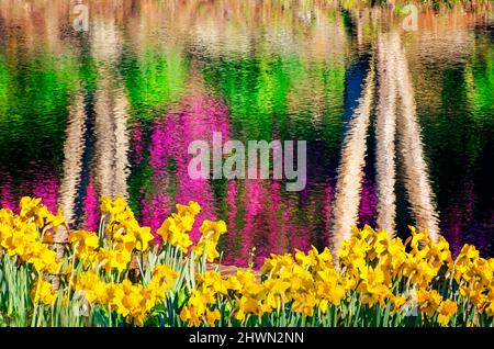 Gelbe Narzisse (Narcissus) blühen am Mirror Lake, während sich rosa Azaleen im Wasser der Bellingrath Gardens in Theodore, Alabama, spiegeln. Stockfoto