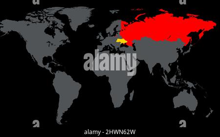 Russland und die Ukraine auf der Weltkarte. Territorium Russlands und der Ukraine in Eurasien auf dunkler Übersichtskarte. Konzept der russisch-ukrainischen Krieg, geographische und poli Stockfoto