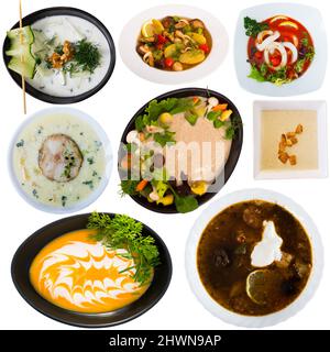 Collage von verschiedenen Suppen isoliert Stockfoto