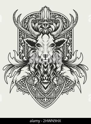 Illustration Vektor Hirse Kopf mit Vintage Gravur Ornament Stock Vektor