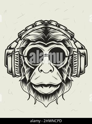 Illustration Vektor Monkey Kopfhörer Kopf monochrom-Stil Stock Vektor