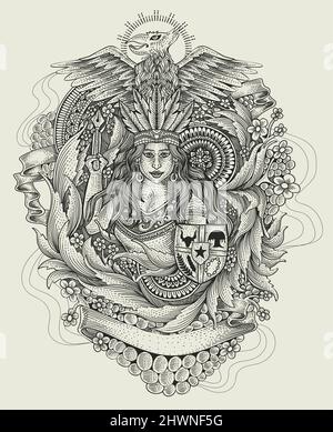 Illustration Vektor garuda Frau mit dayak Kostüm Vintage Gravur Ornament Stil Stock Vektor