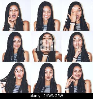 Die vielen Gesichter von mir. Zusammengesetztes Bild einer attraktiven jungen Frau, die im Studio posiert. Stockfoto