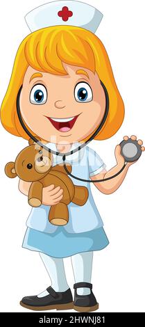 Cartoon kleines Mädchen spielen Arzt mit Teddybär Spielzeug und Stethoskop Stock Vektor