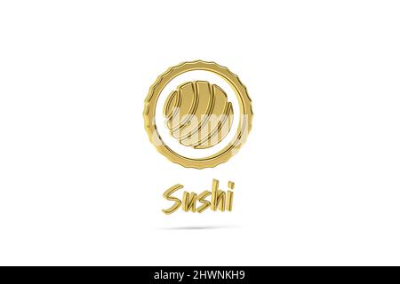 Goldenes sushi-Symbol 3D isoliert auf weißem Hintergrund - 3D Render Stockfoto