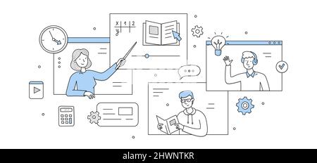Online-Bildung, E-Learning-Konzept. Vektor-Skizze Illustration der digitalen Fernausbildung mit Schule oder Universität Studenten mit Lehrer auf Computer-Bildschirm studieren Stock Vektor
