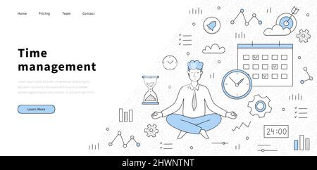 Zeitmanagement-Banner mit Mann in Yoga-Pose, Uhr, Zahnrädern und Kalender. Vektor Landing Page der Arbeitsorganisation, Zeitsteuerung mit Doodle Geschäftsmann meditieren, Uhr, Sanduhr und Grafik-Symbole Stock Vektor
