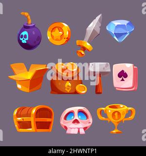 Spiel-Symbole mit Bombe, Schwert, Goldbecher, Schädel und Münzen in der Tasche. Vector Cartoon Satz von Zeichen für gui von rpg Computerspiel, Diamant, Hammer, Spielkarten, Box und Schatzkiste Stock Vektor