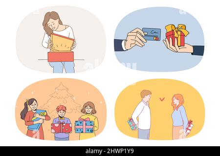 Ein Satz glücklicher Menschen bekommt und gibt Geschenke zum Geburtstag. Sammlung von lächelnden Männern und Frauen Austausch Geschenke gratulieren Gruß zu besonderen Anlass. Flache Vektorgrafik. Stock Vektor