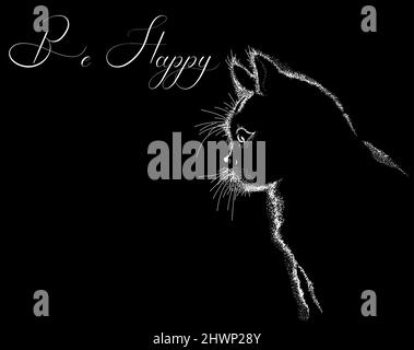 Zeichnung eines Kätzchens auf schwarzem Hintergrund mit dem Wunsch glücklich zu sein 1 Stock Vektor